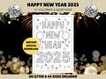 Happy New Year 2025 - Coloring & Maze Page - Printable Kids New Year's Eve Sheet - New Year's 2025 - New Year Kids Activities - NYE Activity