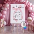 Editable Bow Welcome Sign First Birthday Party Coquette Bow Birthday Welcome Sign Entrance Pink Bow  Birthday Template CANVA