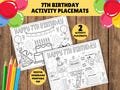 7th Birthday Activity Placemats - Printable Kids Birthday Placemat - Children's 7th Birthday - Coloring in - 7th Birthday Party Pages