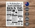 1945 Year You Were Born Back in 1945 Australian Poster What Happened in 1945 in Australia Born in 1945 Aussie Version Newspaper Sign Digital