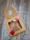 Unique brown kraft paper wine bottle treat box with window. Hand decorated with sparkly heart decorations. Hand stamped. Pack of 3.