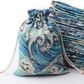 Ocean Theme Canvas Drawstring Gift Bag, Blue Party Favor Bags for Graduation, Jewelry Gift Bags, Candy Bags, Ocean Waves Shower Giftbags