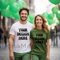 St Patricks Day Couple Mockup, White Bella Canvas 3001 Tshirt Model Couple, Husband Wife Military Green Crewneck Mockup, Men Women Tee Mock