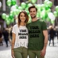 St Patricks Day Couple Mockup, White Bella Canvas 3001 Tshirt Model Couple, Husband Wife Military Green Crewneck Mockup, Men Women Tee Mock