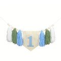Blue Green White Tassel High Chair Banner, 1st Birthday, Birthday Photo Backdrop, One Banner, Boy Birthday, Yarn Tassel Garland, Boy Banner
