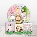 Woodland Animals Round Backdrop Cover Girl Birthday Baby Shower Jungle Fabric Photo Background and Cylinders Plinth Covers